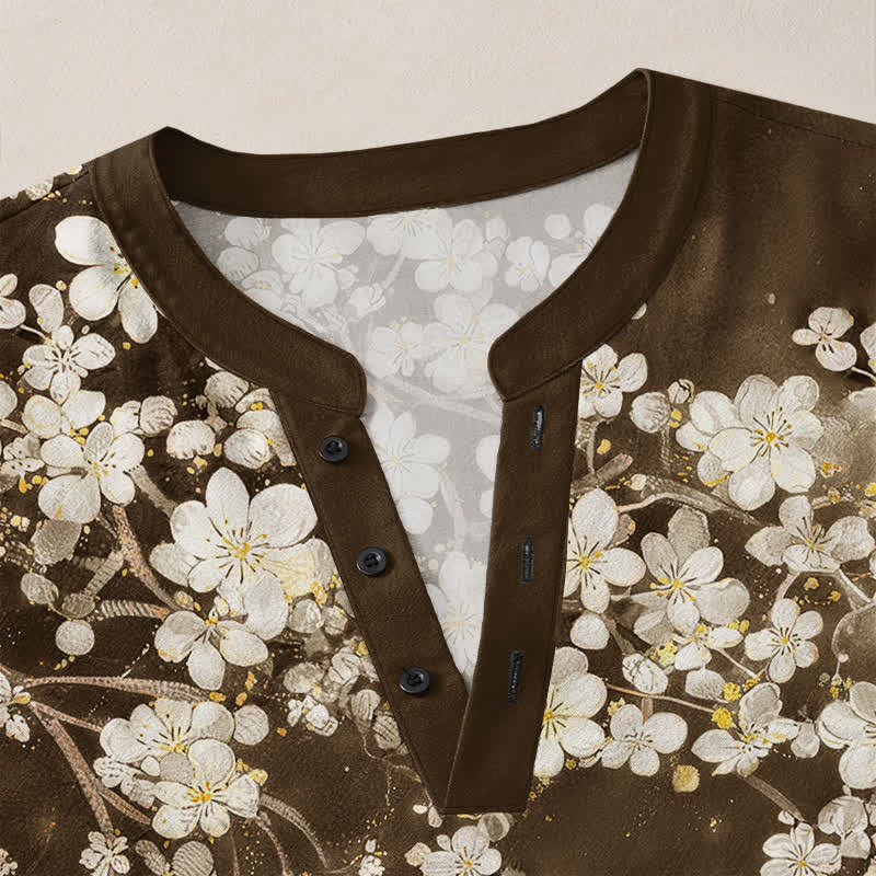 Buddha Stones Cotton Falling Petal Floral Pattern V-Neck Buttons Men's Long Sleeve Shirts - image 18