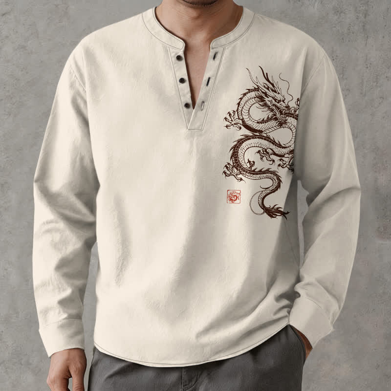Buddha Stones Cotton Oriental Dragon Pattern V-Neck Buttons Men's Long Sleeve Shirts - image 1