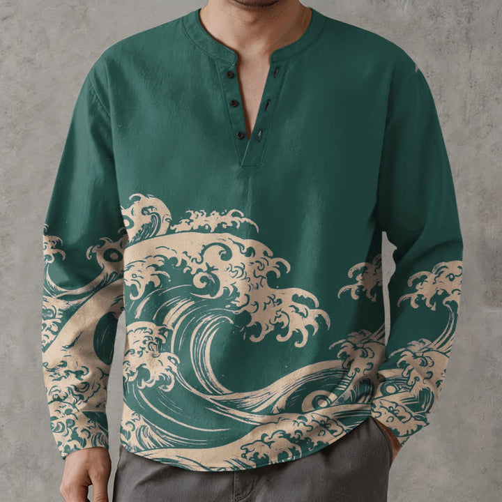 Buddha Stones Cotton Vintage Wave Cloud Pattern V-Neck Buttons Men's Long Sleeve Shirts - SeaGreen - US/UK/AU48，EU58 (4XL) - image 7