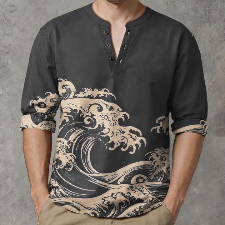 Buddha Stones Cotton Vintage Wave Cloud Pattern V-Neck Buttons Men's Long Sleeve Shirts - image 15