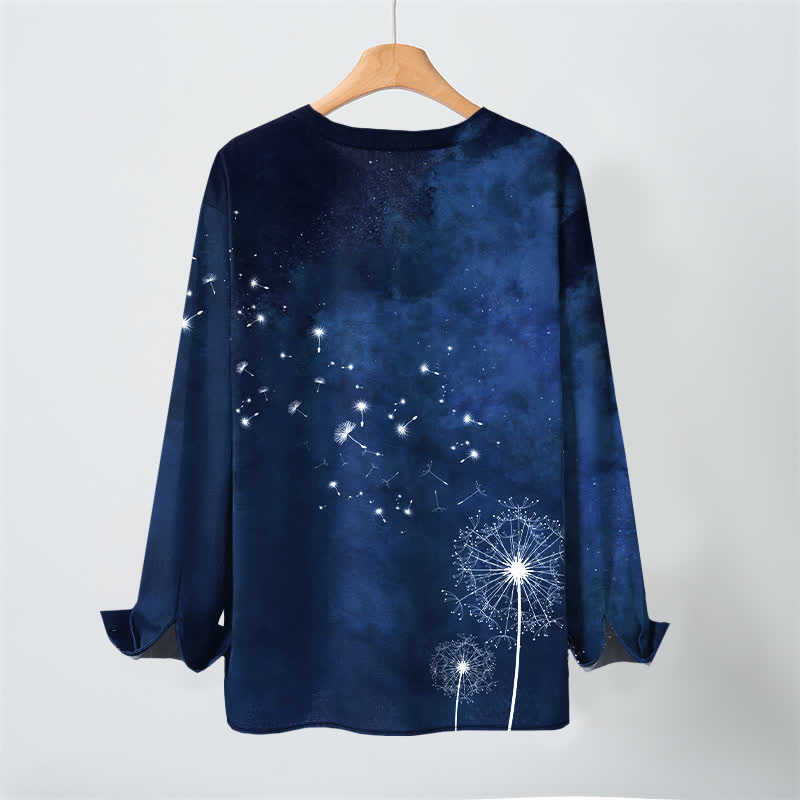Buddha Stones Cotton Dandelion Seed Pattern V-Neck Buttons Men's Long Sleeve Shirts - image 3