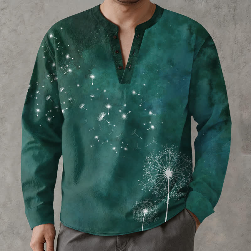 Buddha Stones Cotton Dandelion Seed Pattern V-Neck Buttons Men's Long Sleeve Shirts - DarkGreen - US/UK/AU48，EU58 (4XL) - image 7