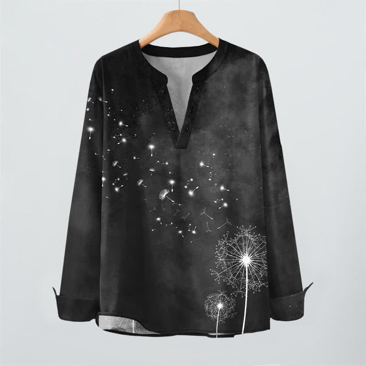 Buddha Stones Cotton Dandelion Seed Pattern V-Neck Buttons Men's Long Sleeve Shirts - image 16
