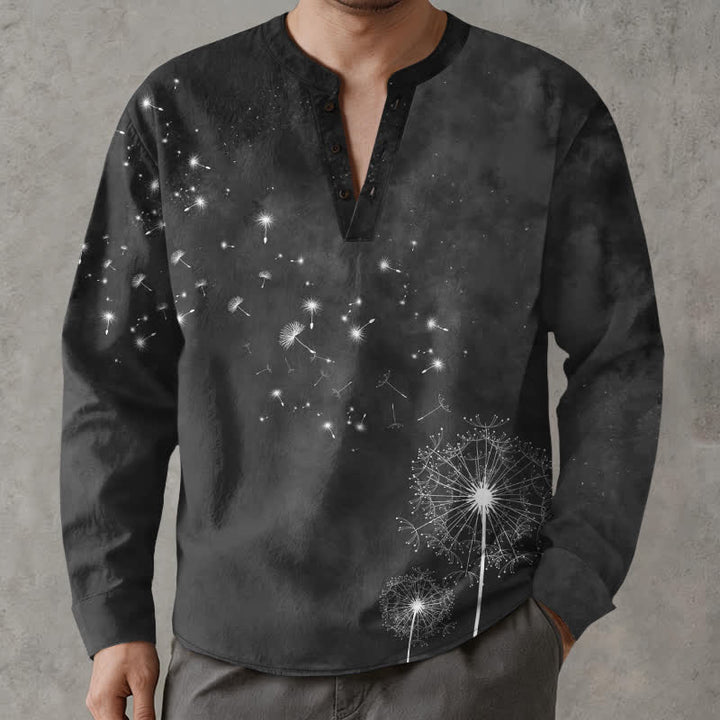 Buddha Stones Cotton Dandelion Seed Pattern V-Neck Buttons Men's Long Sleeve Shirts - Black - US/UK/AU48，EU58 (4XL) - image 14