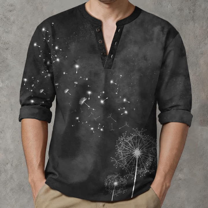 Buddha Stones Cotton Dandelion Seed Pattern V-Neck Buttons Men's Long Sleeve Shirts - image 15