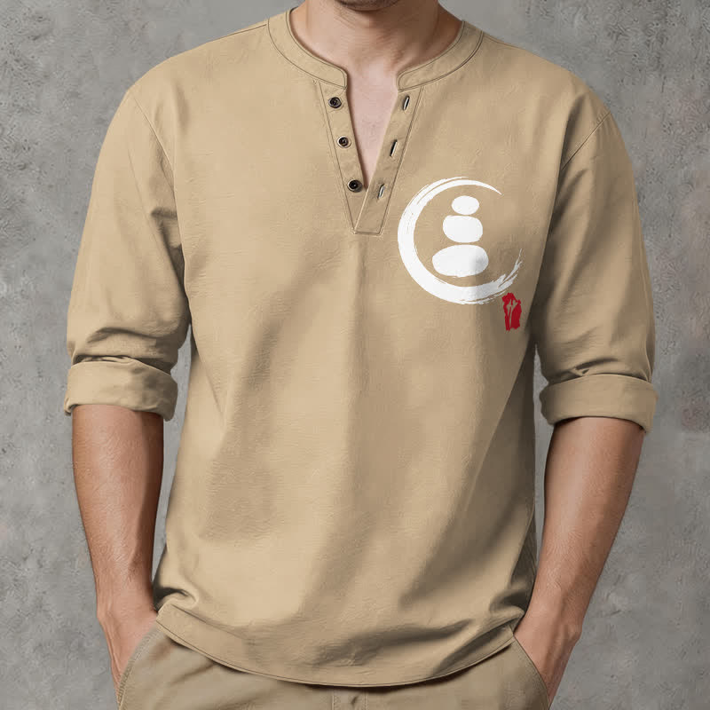 Buddha Stones Cotton Minimal Zen Symbol Pattern V-Neck Buttons Men's Long Sleeve Shirts - Tan - US/UK/AU48，EU58 (4XL) - image 0