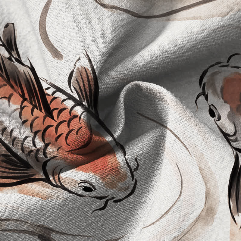 Buddha Stones Cotton Koi Lotus Ink Pattern V-Neck Buttons Men's Long Sleeve Shirts - image 13