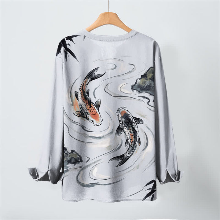 Buddha Stones Cotton Koi Lotus Ink Pattern V-Neck Buttons Men's Long Sleeve Shirts - image 17