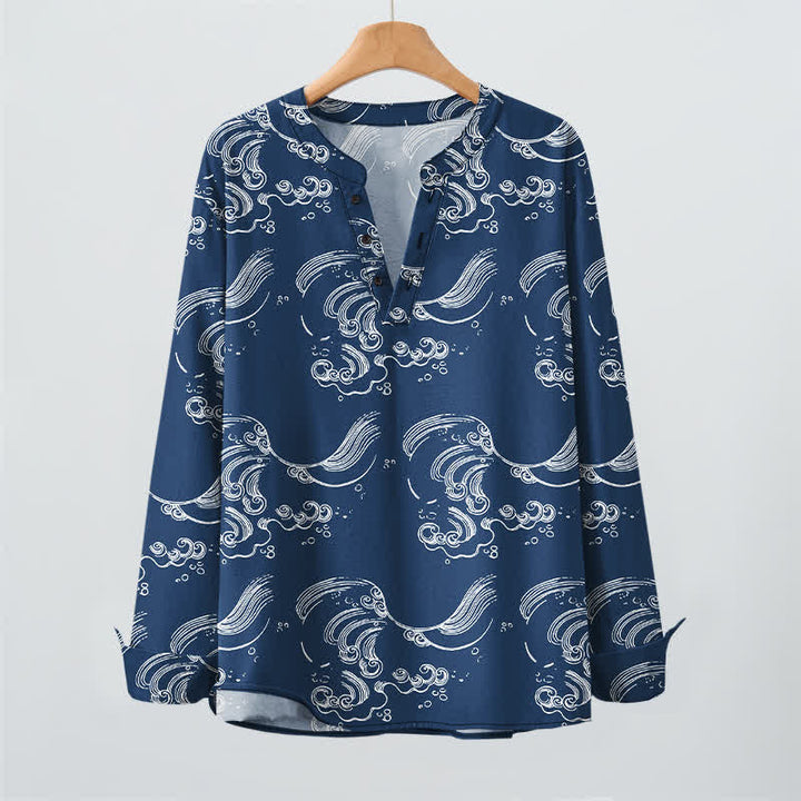 Buddha Stones Cotton Cloud Wave Pattern V-Neck Buttons Men's Long Sleeve Shirts - image 2
