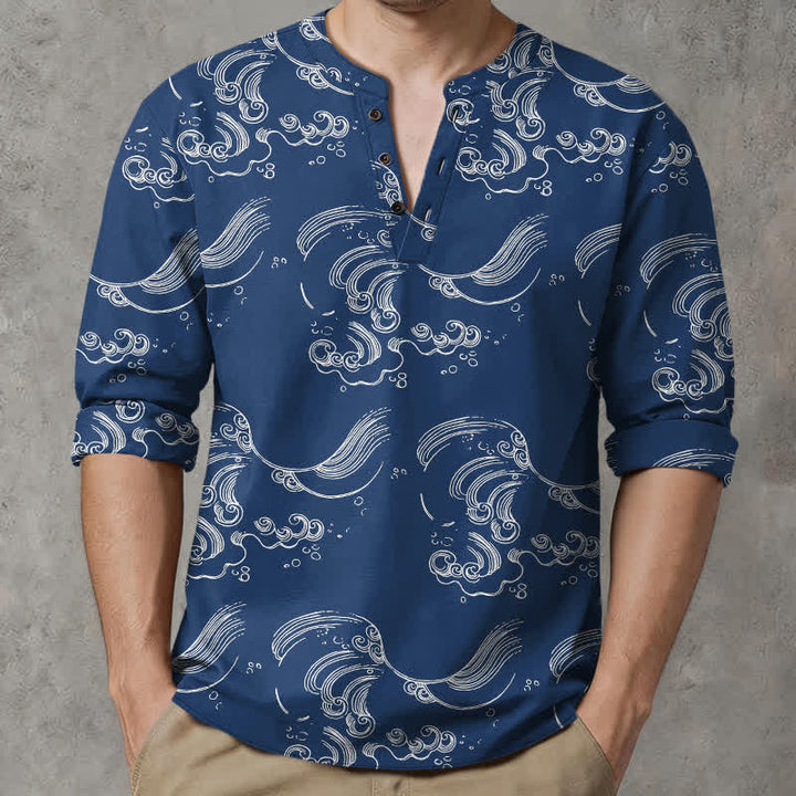 Buddha Stones Cotton Cloud Wave Pattern V-Neck Buttons Men's Long Sleeve Shirts - Navy - US/UK/AU48，EU58 (4XL) - image 0