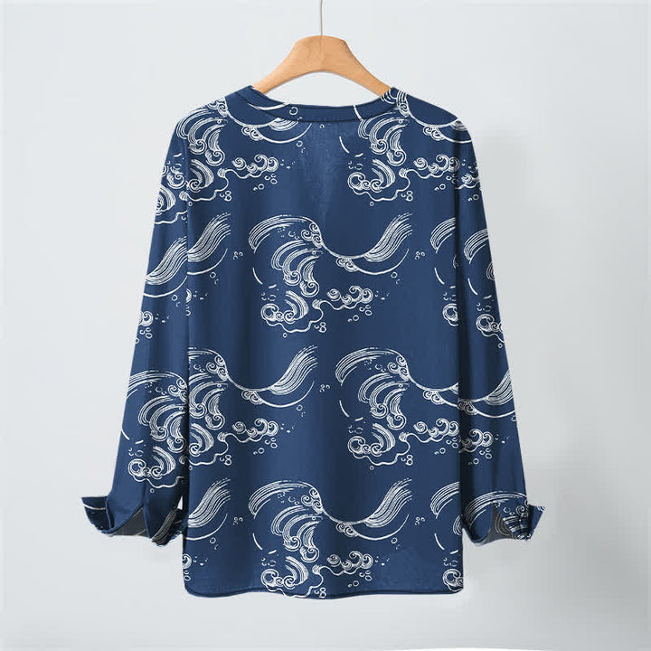 Buddha Stones Cotton Cloud Wave Pattern V-Neck Buttons Men's Long Sleeve Shirts - image 3