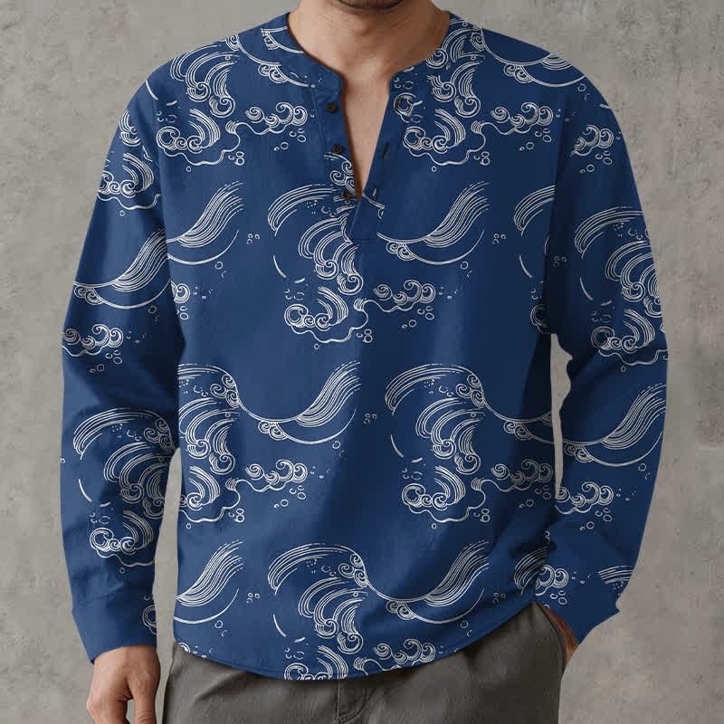 Buddha Stones Cotton Cloud Wave Pattern V-Neck Buttons Men's Long Sleeve Shirts - image 1