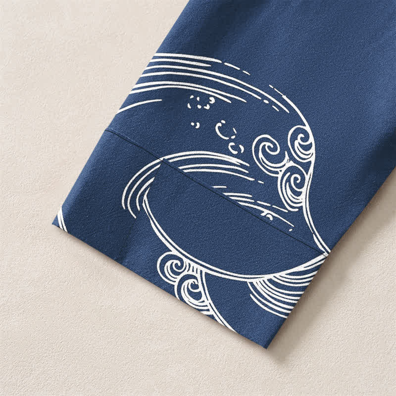 Buddha Stones Cotton Cloud Wave Pattern V-Neck Buttons Men's Long Sleeve Shirts - image 5