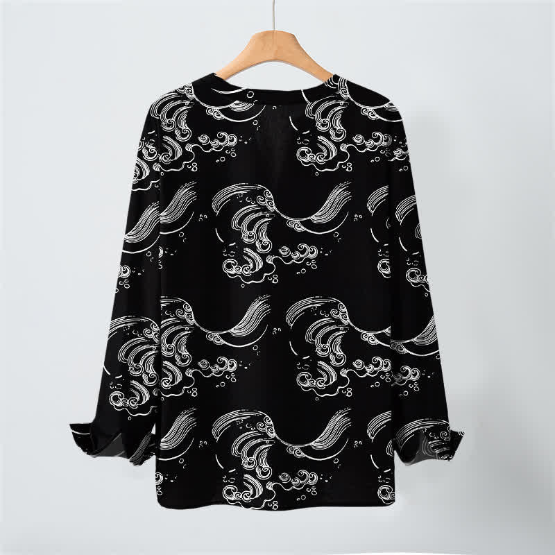 Buddha Stones Cotton Cloud Wave Pattern V-Neck Buttons Men's Long Sleeve Shirts - image 10
