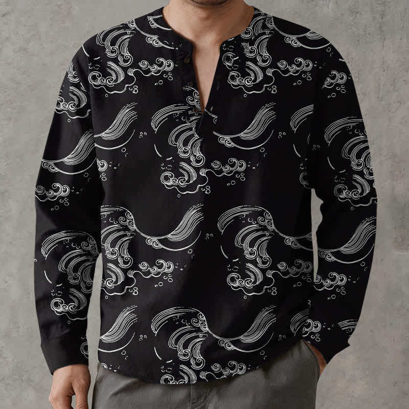 Buddha Stones Cotton Cloud Wave Pattern V-Neck Buttons Men's Long Sleeve Shirts - Black - US/UK/AU48，EU58 (4XL) - image 7