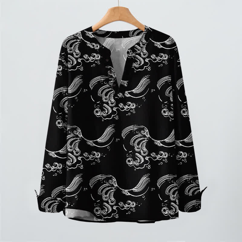 Buddha Stones Cotton Cloud Wave Pattern V-Neck Buttons Men's Long Sleeve Shirts - image 9