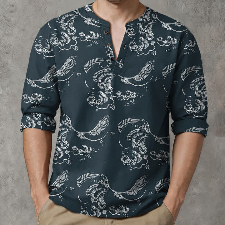 Buddha Stones Cotton Cloud Wave Pattern V-Neck Buttons Men's Long Sleeve Shirts - DarkSlateGray - US/UK/AU48，EU58 (4XL) - image 14