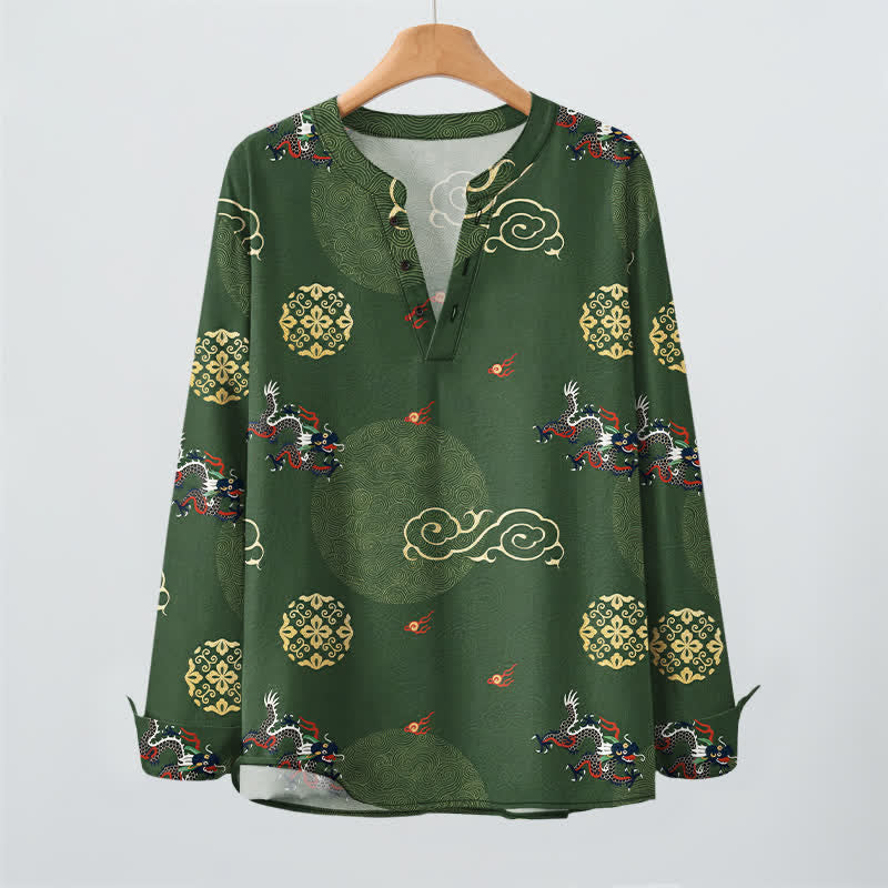 Buddha Stones Cotton Dragon Cloud Pattern V-Neck Buttons Men's Long Sleeve Shirts - image 2