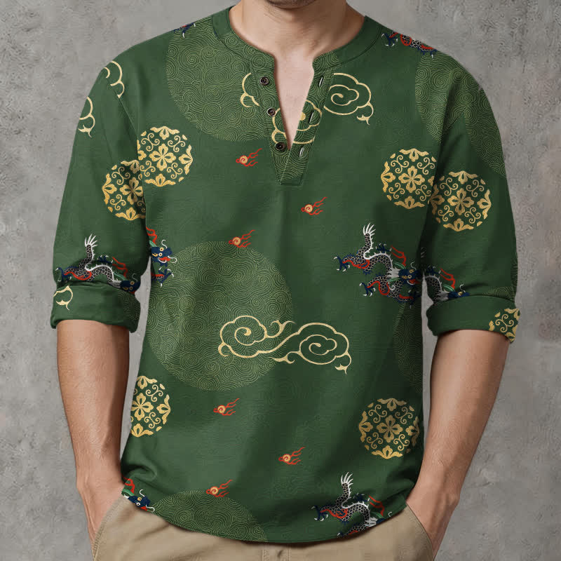 Buddha Stones Cotton Dragon Cloud Pattern V-Neck Buttons Men's Long Sleeve Shirts - image 1
