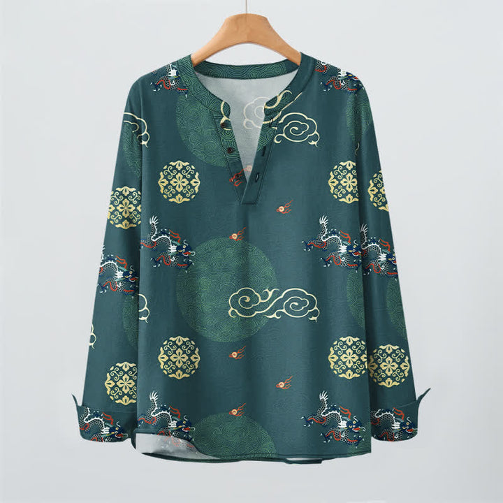 Buddha Stones Cotton Dragon Cloud Pattern V-Neck Buttons Men's Long Sleeve Shirts - image 9