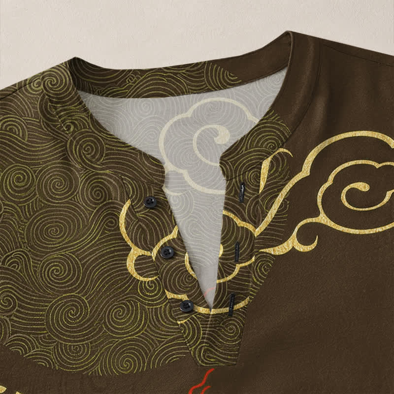 Buddha Stones Cotton Dragon Cloud Pattern V-Neck Buttons Men's Long Sleeve Shirts - image 18