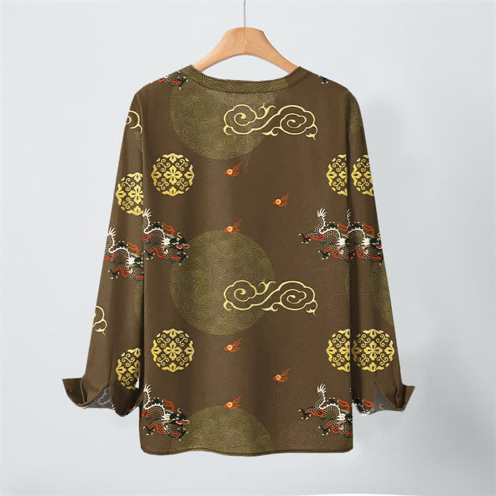 Buddha Stones Cotton Dragon Cloud Pattern V-Neck Buttons Men's Long Sleeve Shirts - image 17
