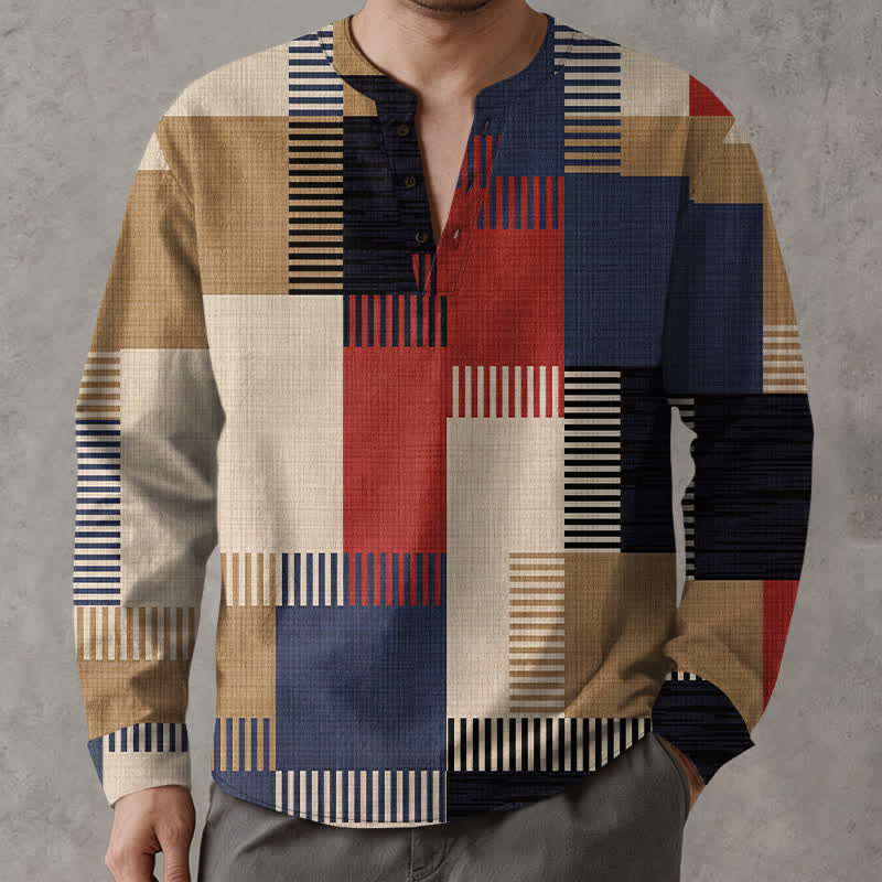 Buddha Stones Cotton Retro Geometric Patchwork Pattern V-Neck Buttons Men's Long Sleeve Shirts - image 1
