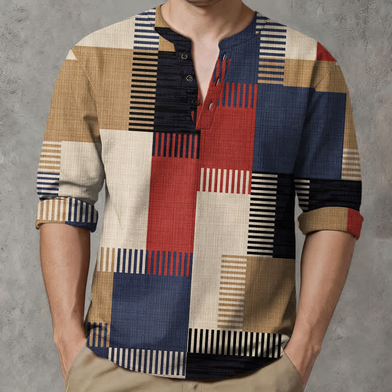 Buddha Stones Cotton Retro Geometric Patchwork Pattern V-Neck Buttons Men's Long Sleeve Shirts - Red - US/UK/AU48，EU58 (4XL) - image 0