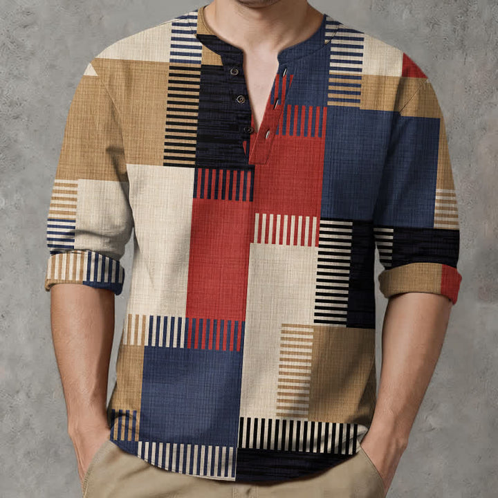 Buddha Stones Cotton Retro Geometric Patchwork Pattern V-Neck Buttons Men's Long Sleeve Shirts - Red - US/UK/AU48，EU58 (4XL) - image 0
