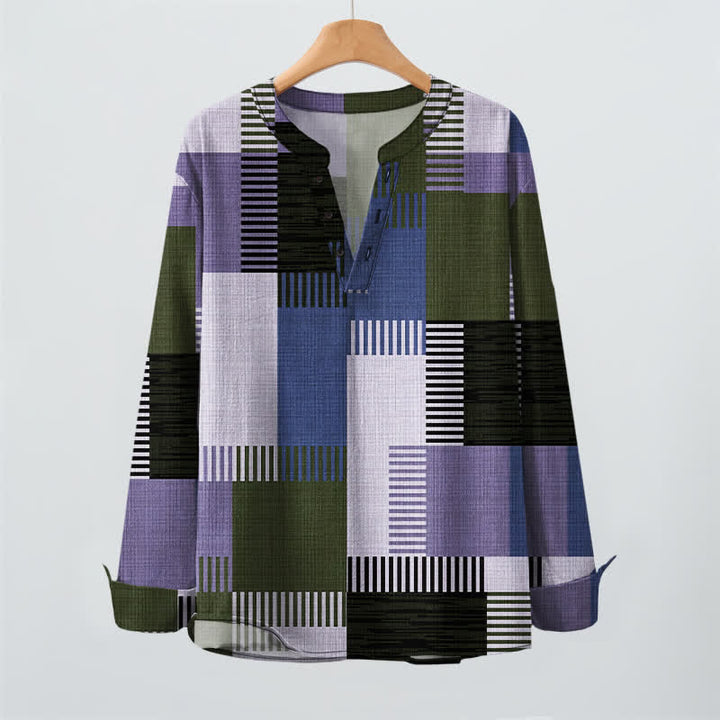 Buddha Stones Cotton Retro Geometric Patchwork Pattern V-Neck Buttons Men's Long Sleeve Shirts - image 9
