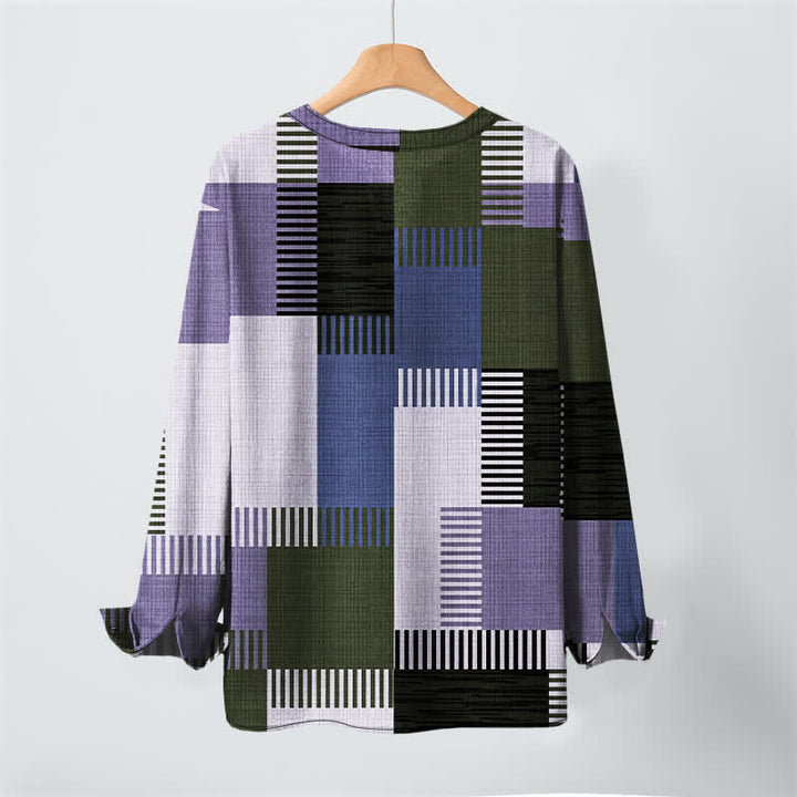 Buddha Stones Cotton Retro Geometric Patchwork Pattern V-Neck Buttons Men's Long Sleeve Shirts - image 10