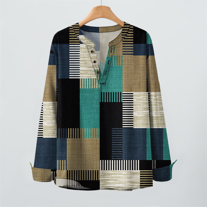 Buddha Stones Cotton Retro Geometric Patchwork Pattern V-Neck Buttons Men's Long Sleeve Shirts - image 16