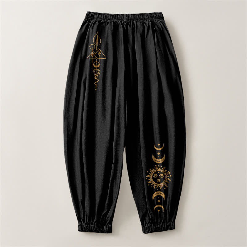 Buddha Stones Pure Cotton Moon Phase Sun Pattern Drawstring Men's Harem Pants With Pockets - image 2
