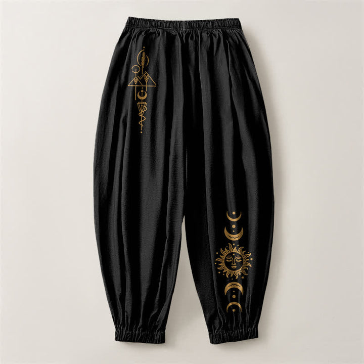 Buddha Stones Pure Cotton Moon Phase Sun Pattern Drawstring Men's Harem Pants With Pockets - image 2