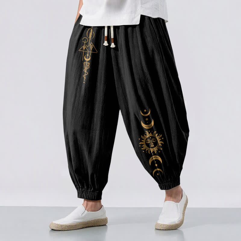 Buddha Stones Pure Cotton Moon Phase Sun Pattern Drawstring Men's Harem Pants With Pockets - Black - US/UK/AU50，EU60 (5XL) - image 0