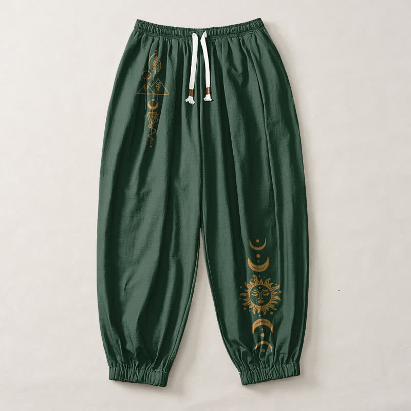 Buddha Stones Pure Cotton Moon Phase Sun Pattern Drawstring Men's Harem Pants With Pockets - image 13