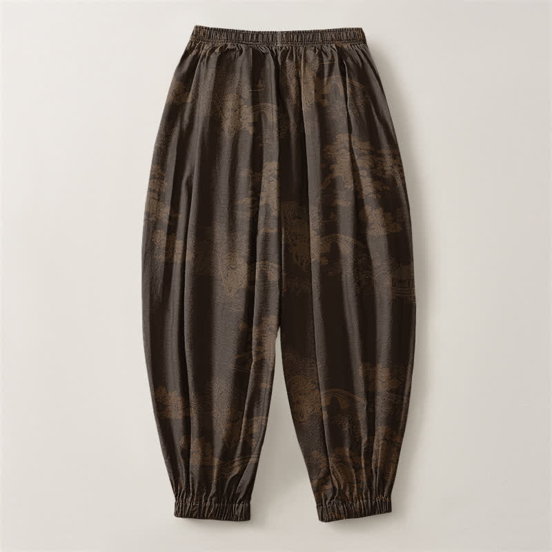 Buddha Stones Pure Cotton Vintage Shadow Stripe Pattern Drawstring Men's Harem Pants With Pockets - image 2
