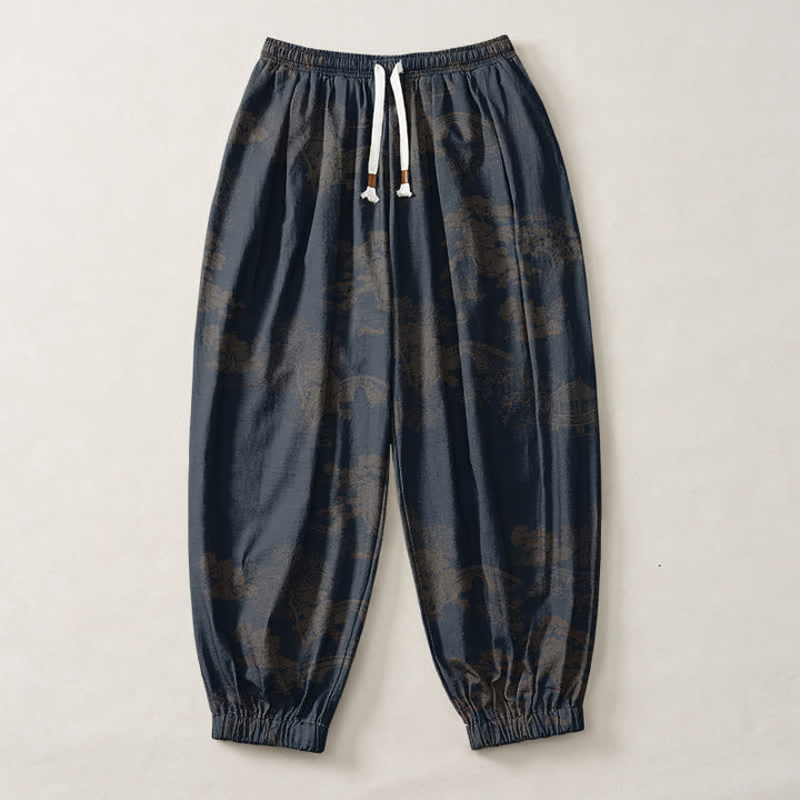 Buddha Stones Pure Cotton Vintage Shadow Stripe Pattern Drawstring Men's Harem Pants With Pockets - image 7