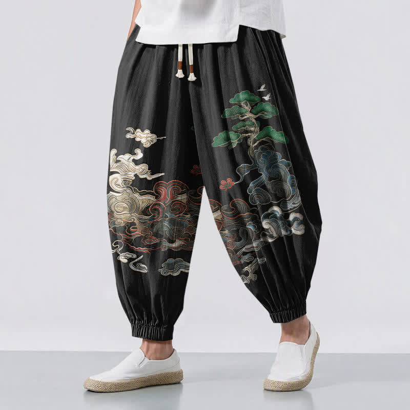 Buddha Stones Pure Cotton Auspicious Cloud Pine Pattern Drawstring Men's Harem Pants With Pockets - Black - US/UK/AU50，EU60 (5XL) - image 0