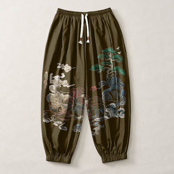Buddha Stones Pure Cotton Auspicious Cloud Pine Pattern Drawstring Men's Harem Pants With Pockets - image 7
