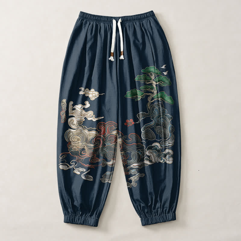 Buddha Stones Pure Cotton Auspicious Cloud Pine Pattern Drawstring Men's Harem Pants With Pockets - image 13