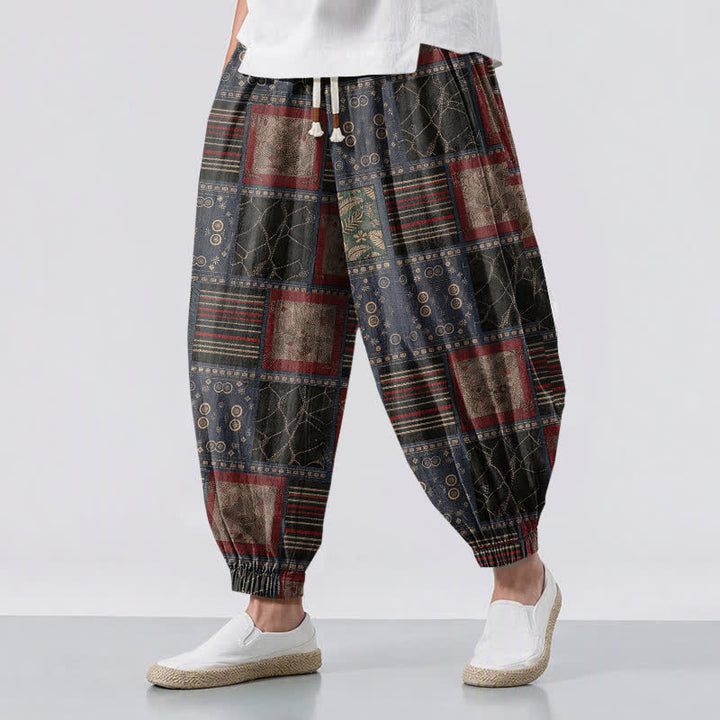 Buddha Stones Pure Cotton Geometric Plaid Pattern Drawstring Men's Harem Pants With Pockets - SteelBlue - US/UK/AU50，EU60 (5XL) - image 0