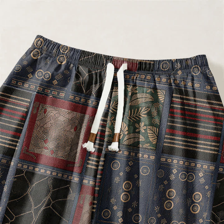 Buddha Stones Pure Cotton Geometric Plaid Pattern Drawstring Men's Harem Pants With Pockets - image 3