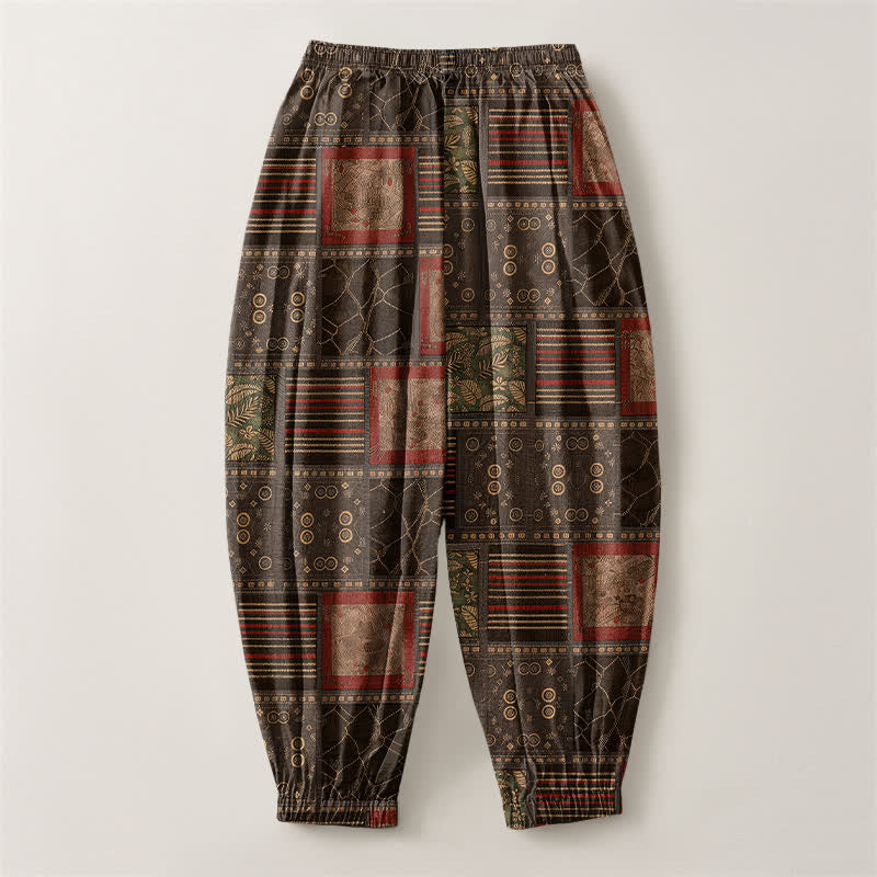 Buddha Stones Pure Cotton Geometric Plaid Pattern Drawstring Men's Harem Pants With Pockets - image 8