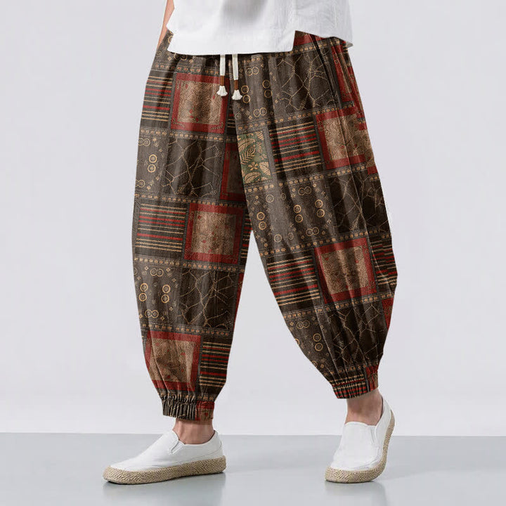 Buddha Stones Pure Cotton Geometric Plaid Pattern Drawstring Men's Harem Pants With Pockets - Olive - US/UK/AU50，EU60 (5XL) - image 6