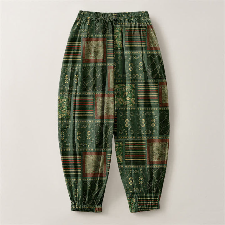 Buddha Stones Pure Cotton Geometric Plaid Pattern Drawstring Men's Harem Pants With Pockets - image 14