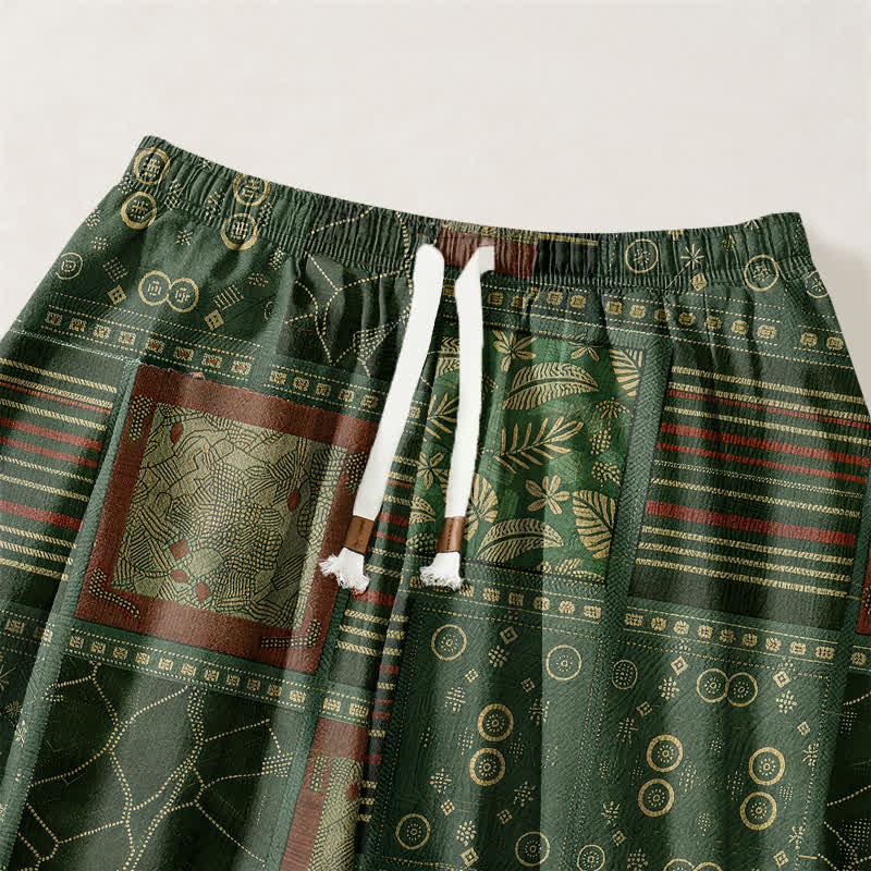 Buddha Stones Pure Cotton Geometric Plaid Pattern Drawstring Men's Harem Pants With Pockets - image 15