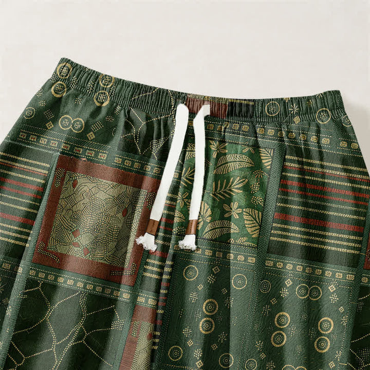 Buddha Stones Pure Cotton Geometric Plaid Pattern Drawstring Men's Harem Pants With Pockets - image 15