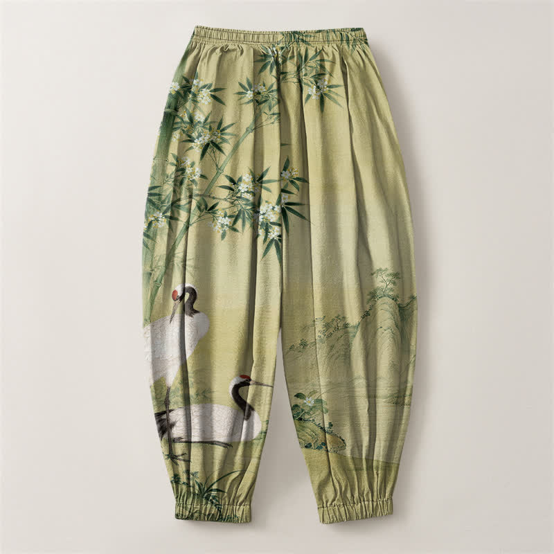 Buddha Stones Pure Cotton Crane Bamboo Blossom Pattern Drawstring Men's Harem Pants With Pockets - image 8