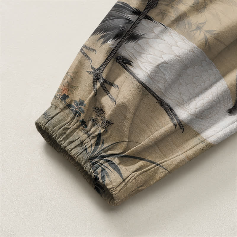 Buddha Stones Pure Cotton Crane Bamboo Blossom Pattern Drawstring Men's Harem Pants With Pockets - image 16